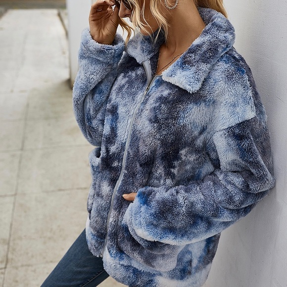 Soft Tie Dye Sherpa Fleece Jacket w/ Pockets Dark - Picture 6 of 7